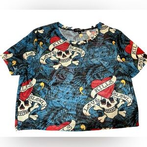 NWT ED HARDY WOMEN’S CROPPED MESH TOP IN XL. BLUE